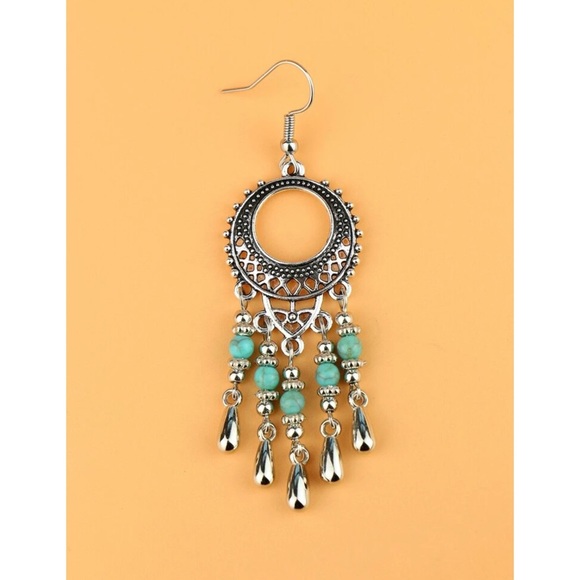 Round Drop Tassel Turquoise Filigree Boho Earrings - Picture 2 of 4